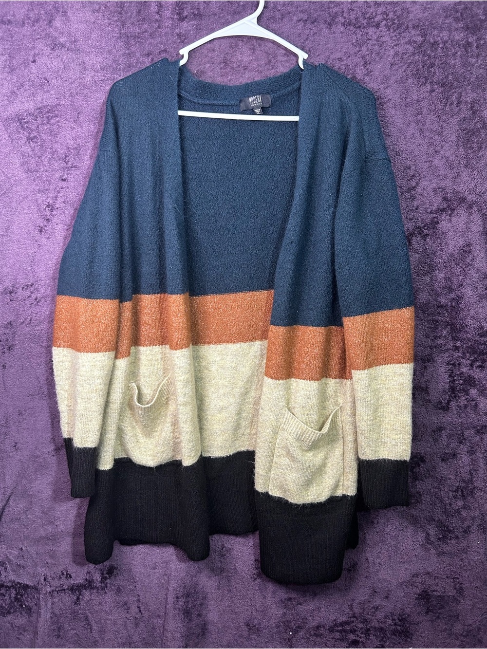 Women's Open Front Colorblock Cardigan Sweater - Blue, Rust & Cream